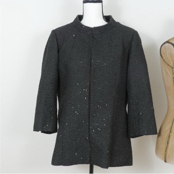 CHANEL Jackets & Blazers - CHANEL Black Tweed Sequin Mandarin Collar Side Pockets SZ 14 Boutique Coat